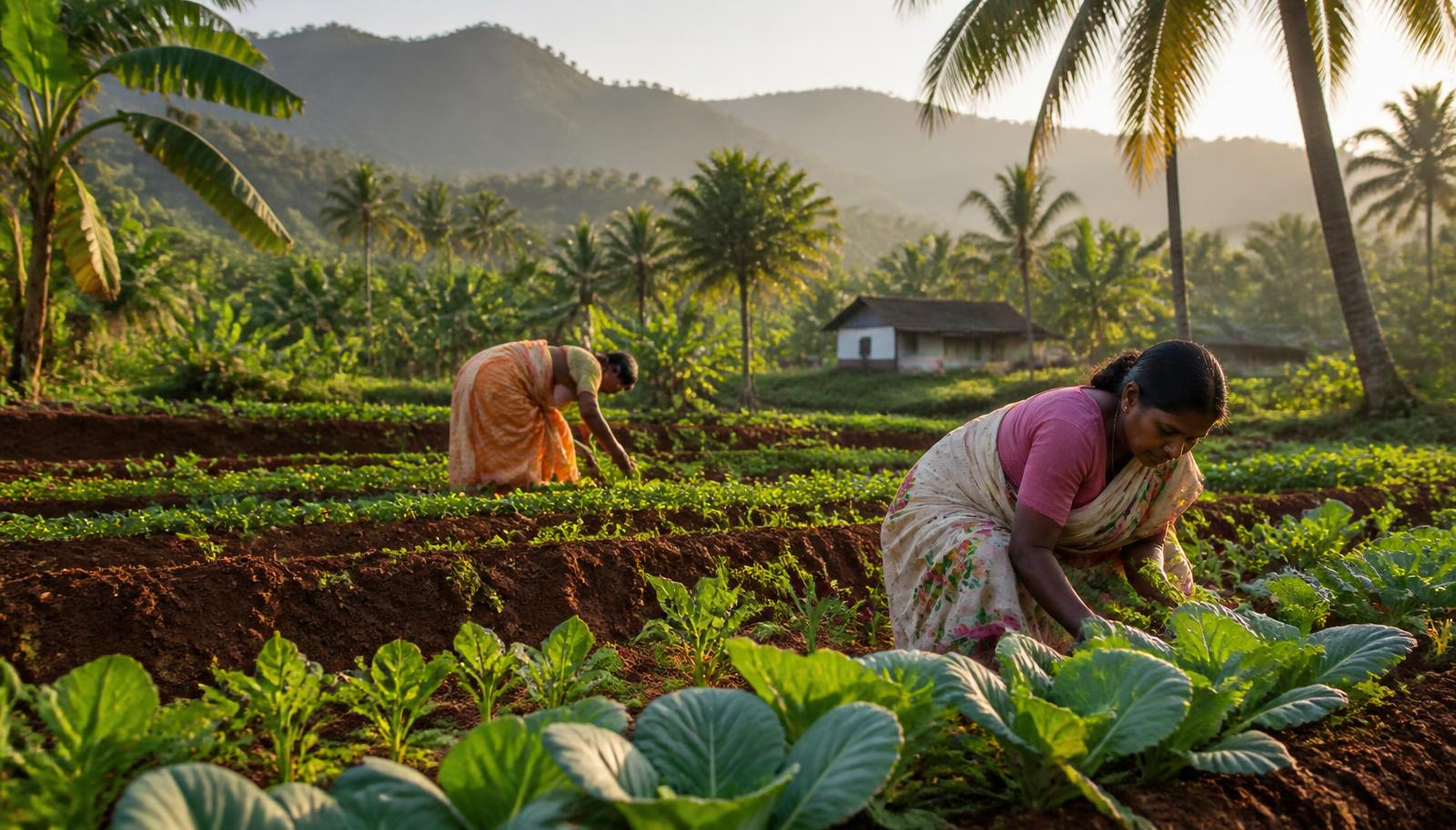 Kudumbashree women tending organic vegetable beds on red laterite soil in Kerala